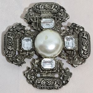 Vintage Silver Averil Rhinestone Faux Pearl Brooch